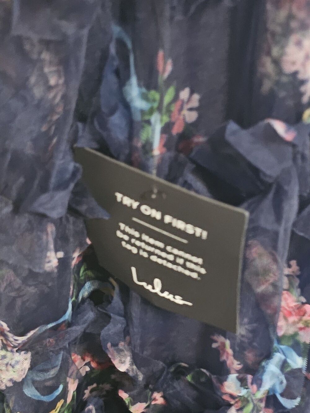 LULUS Stunning Element Navy Floral Mesh Ruffled Strapless Maxi Dress Size Small - Picture 9 of 13
